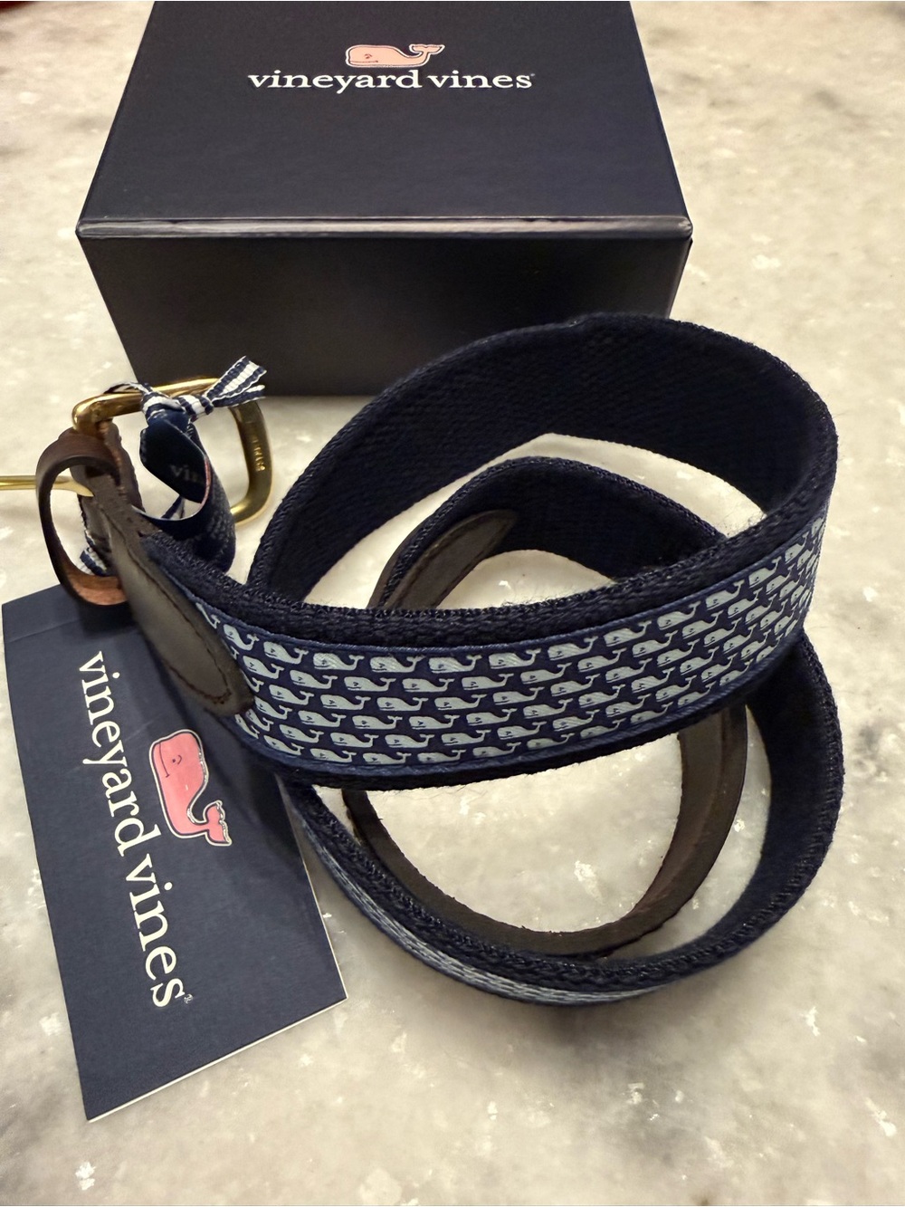 Vineyard Vines Navy Whale-Print Canvas Belt, sz 28